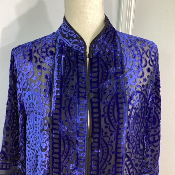 VINTAGE BOB MACKIE WEARABLE ART SIZE SMALL ROYAL BLUE BURNOUT TUNIC BLOU… - Picture 4 of 10